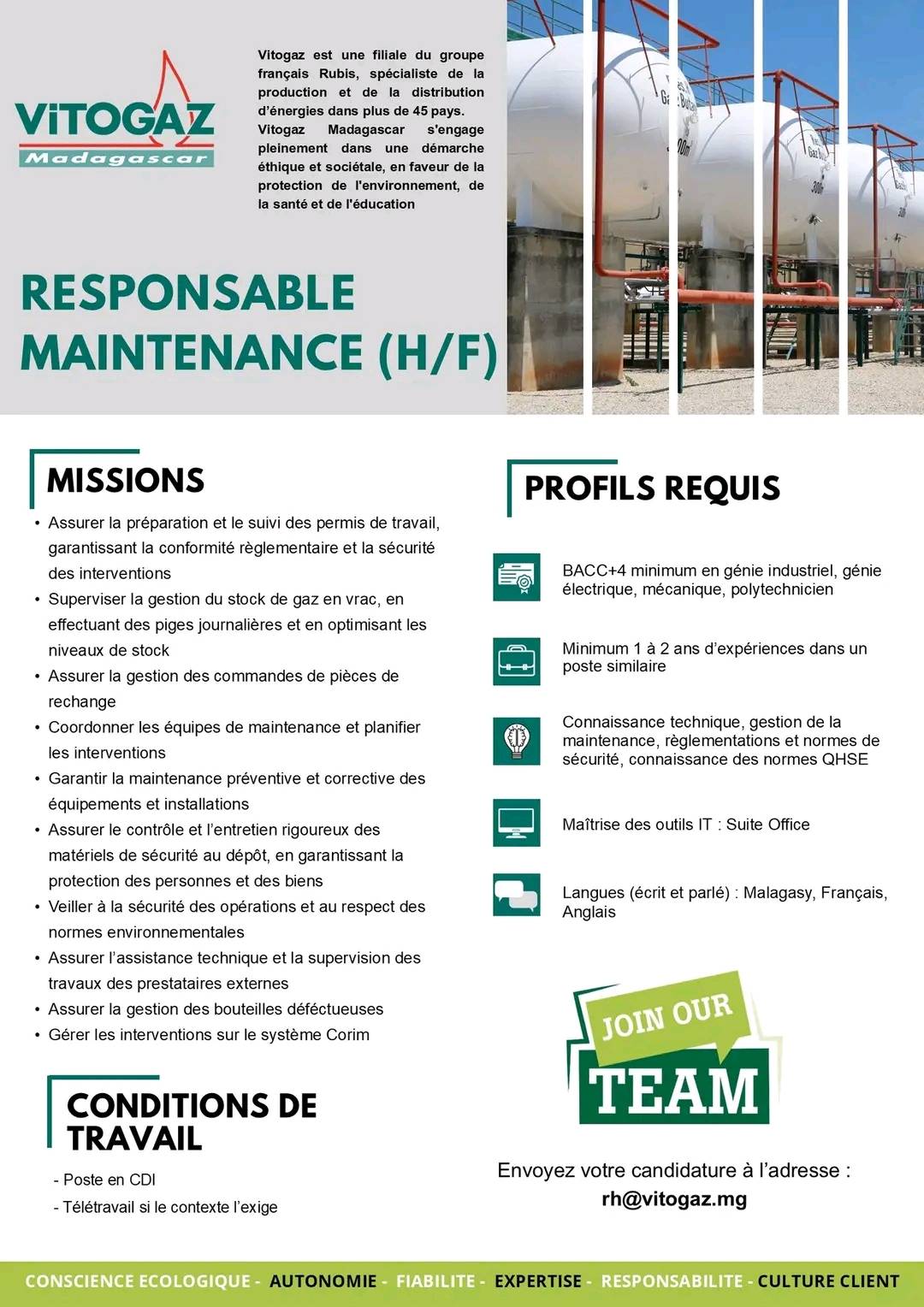 Recrutement pour le poste de Responsable Maintenance (H/F)